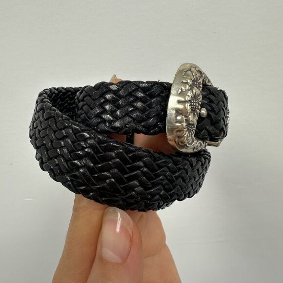 Vintage 90s Talbots Black Braided Leather Belt Silver Hardware Floral Engraved S - Picture 3 of 10